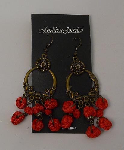 Women Red Monkey Knot Earrings Drop Dangle Gold Tones Hook Fasteners FASHION