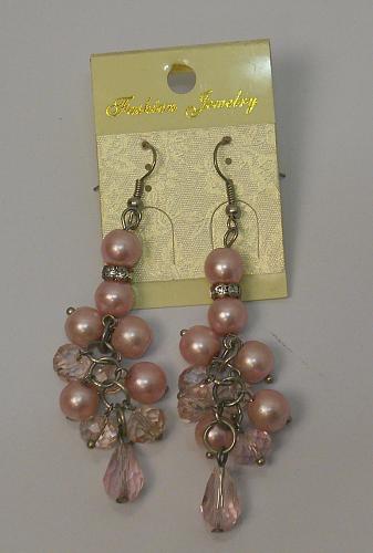 Earrings Women Beaded Rhinestones Drop Dangle Pink Silver Tones Hook Fasteners