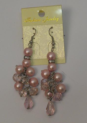 Earrings Women Beaded Rhinestones Drop Dangle Pink Silver Tones Hook Fasteners