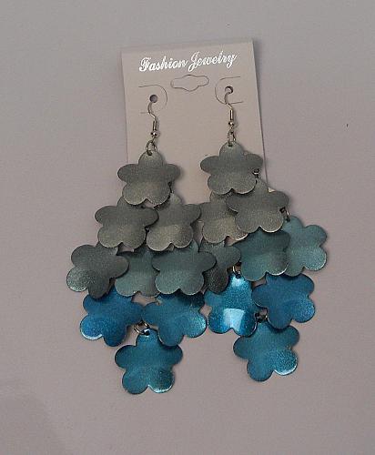 Women Blue Tiered Flower Earrings Drop Dangle Silver Tones Hook Fasteners FASHIO