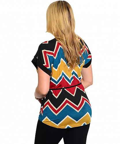 Women Top PLUS SIZE 2X 3X LIBIAN Chevron Multi Color Kimono Sleeve Boat Neck