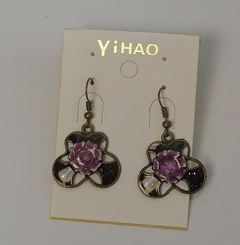 Women Flower Earrings Drop Dangle Brassy Purple Rhinestones Gold Tones Hook Fast