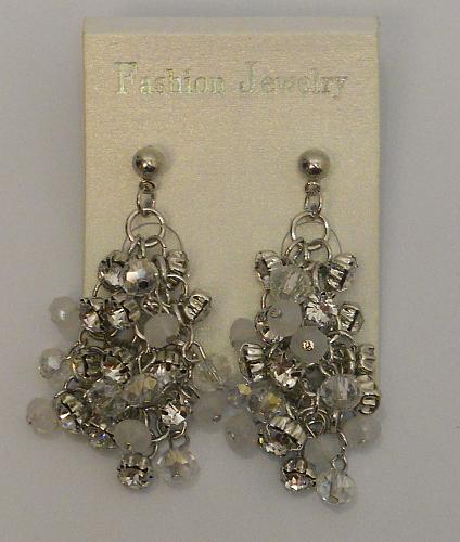 Women Earrings Drop Dangle Beads Rhinestones Silver Tones Push Back Fasteners