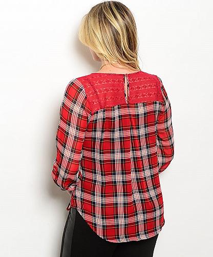 Tunic Top Womens Size 1XL 2XL E M TOO Sheer Red Plaid Lace Yoke Scoop Neck ¾