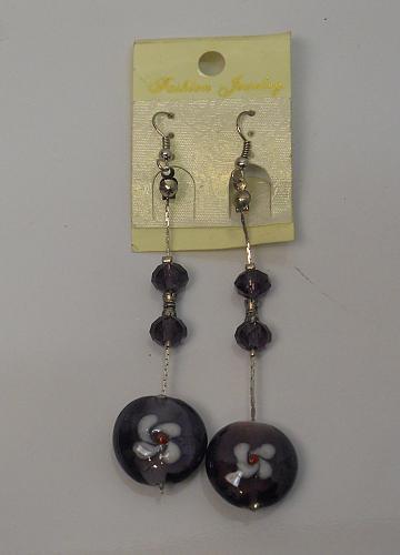 Women Glass Bead Earrings Purple Drop Dangle Silver Tones Hook Fasteners FASHION
