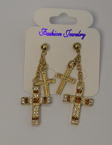 Women Cross Earrings Drop Dangle Rhinestones Gold Tones Fashion Push Back Fasten