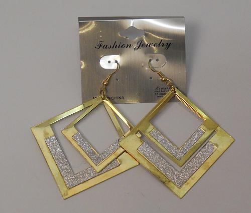 Women Square Glitter Earrings Drop Dangle Gold Tones Hook Fasteners FASHION JEWE