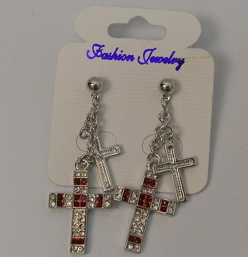 Women Cross Earrings Drop Dangle Red Rhinestones Silver Tones Fashion Push Back