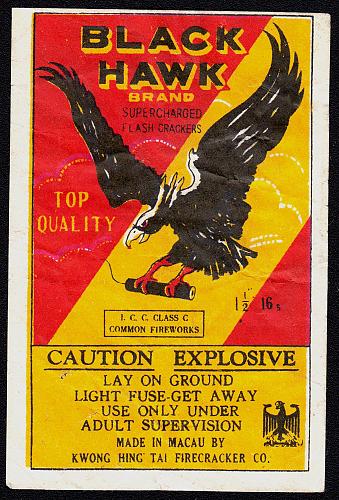 BLACK HAWK FIRECRACKER PACK LABEL 16'S ICC CLASS C MACAU VINTAGE 1960'S RARE