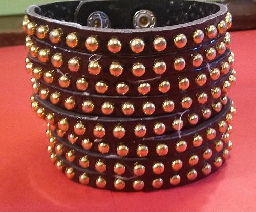 Snap Bracelet Gold Beaded Stud Black faux Adjustable Leather Wide - Light Weight