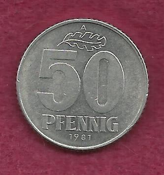 GERMANY 50 Pfennig 1981 Coin - German Democratic Republic (DDR) - Great Coin!