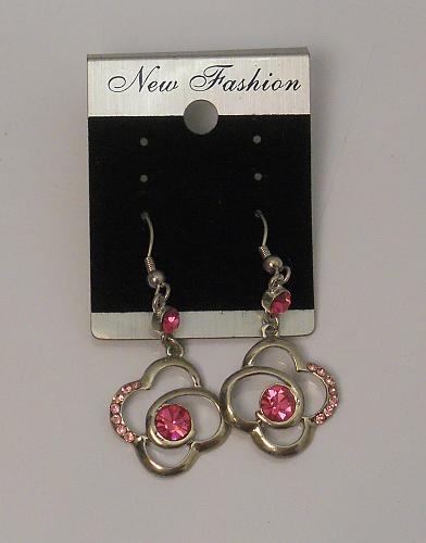 Women Flower Earrings Drop Dangle Pink Rhinestones Silver Tones Hook Fasteners