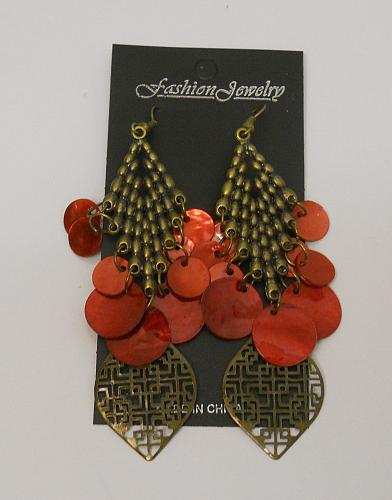 Earrings Women Red Shell Drop Dangle Brassy Gold Tones Hook Fastener FASHION