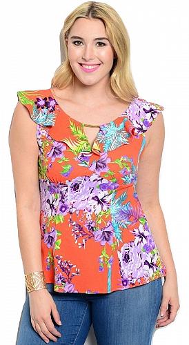 VIVA YOU Women's Empire Waist Top Blouse Floral Sleeveless Ruffled Neck