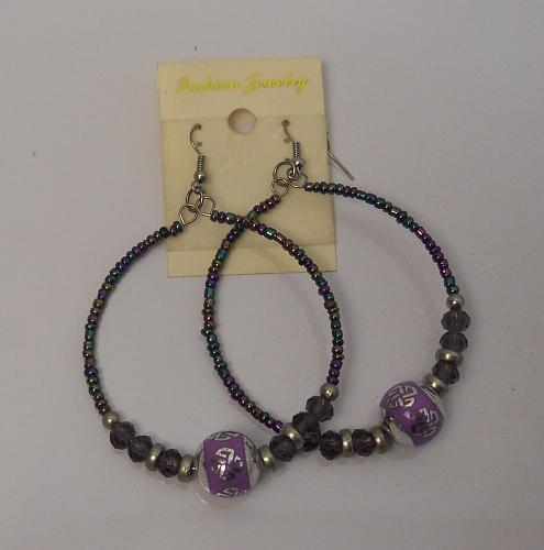 Women Purple Bead Earrings Drop Dangle Hoop Silver Tones Hook Fasteners FASHION