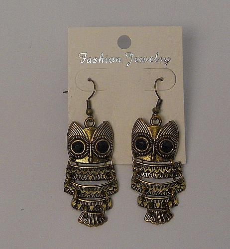 Women Owl Earrings Black Rhinestones Drop Dangle Gold Tones Hook Fasteners FASHI
