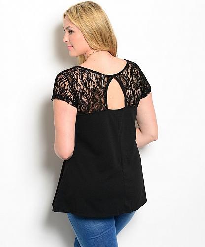 Women Knit Top Size 1XL Solid Black Lace Short Sleeves Scoop Neck Lace Yoke