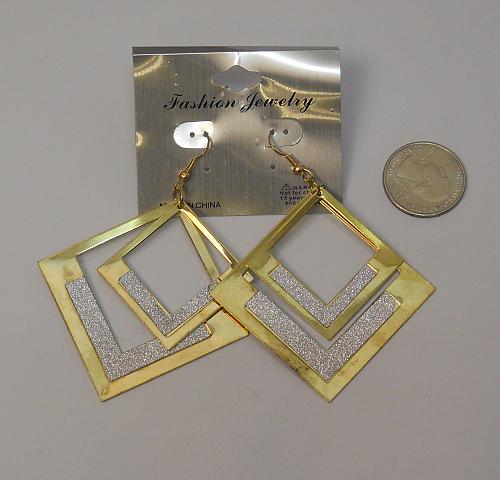 Women Square Glitter Earrings Drop Dangle Gold Tones Hook Fasteners FASHION JEWE