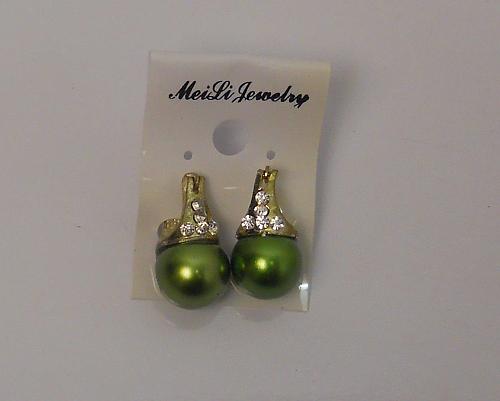 Women Green Huggie Earrings Rhinestones Gold Tones Snap Fasteners MEI LI JEWELRY