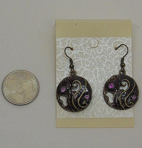 Women Round Earrings Drop Dangle Purple Rhinestones Brassy Gold Tones Hooks