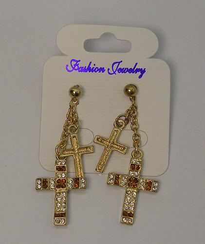 Women Cross Earrings Drop Dangle Rhinestones Gold Tones Fashion Push Back Fasten