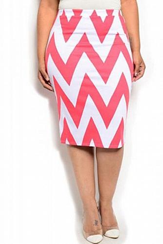 Womens Pencil Skirt SIZE 3XL MOA Coral White Chevron Knee Length Elastic Waist