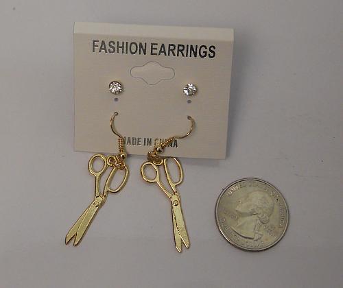 Women Scissor Earrings Drop Dangle Rhinestones Gold Tones Hook Fasteners FASHION