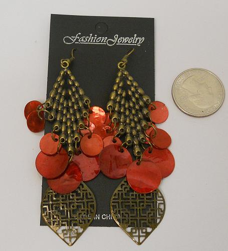 Earrings Women Red Shell Drop Dangle Brassy Gold Tones Hook Fastener FASHION