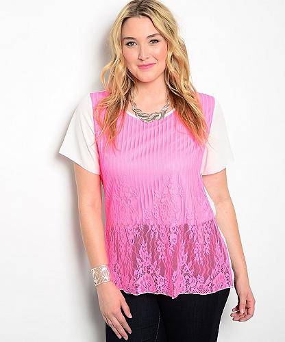 Womens Top PLUS SIZE 3XL ANGELA White Pink Lace Overlay Scoop Neck Short Sleeves