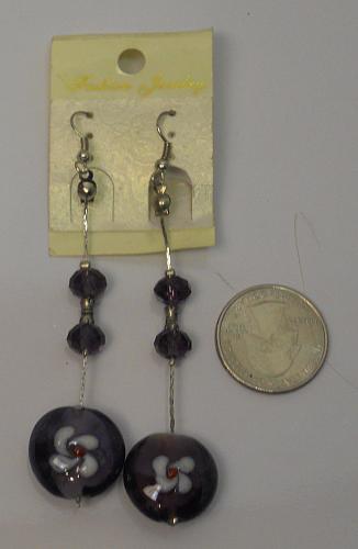 Women Glass Bead Earrings Purple Drop Dangle Silver Tones Hook Fasteners FASHION