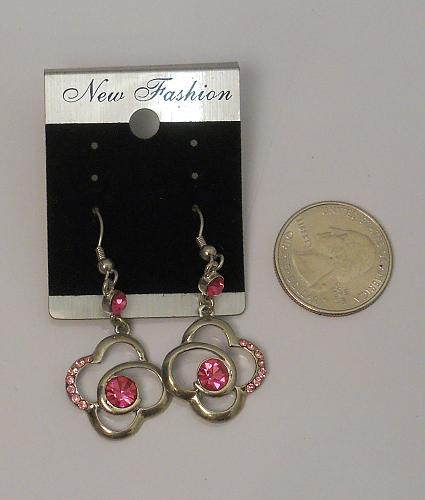 Women Flower Earrings Drop Dangle Pink Rhinestones Silver Tones Hook Fasteners