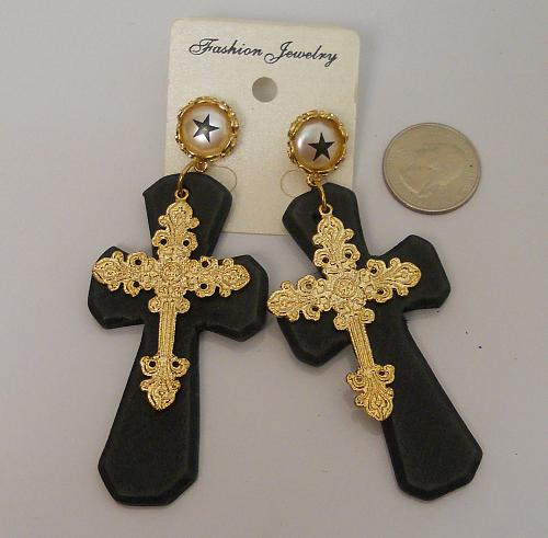 Women Earrings Large Wood Cross Gold Trim Fashion Drop Dangle Push Back Fastener