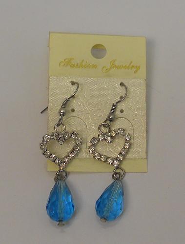 Heart Earrings Women Drop Dangle Blue Beads Silver Tones Rhinestones Hook Fasten