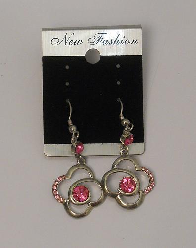 Women Flower Earrings Drop Dangle Pink Rhinestones Silver Tones Hook Fasteners