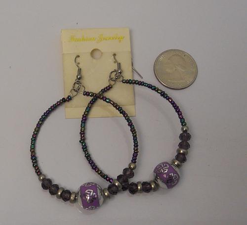 Women Purple Bead Earrings Drop Dangle Hoop Silver Tones Hook Fasteners FASHION