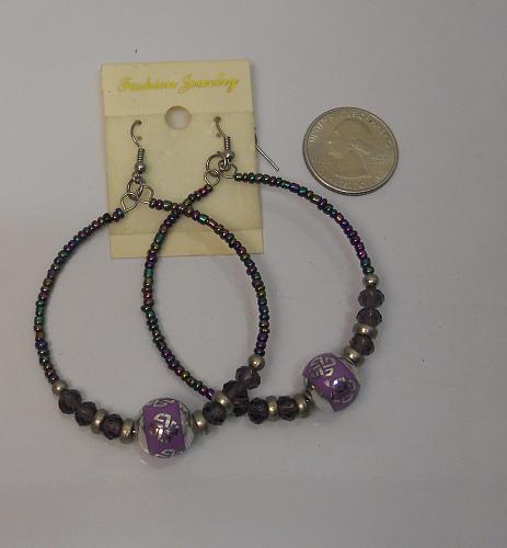 Women Purple Bead Earrings Drop Dangle Hoop Silver Tones Hook Fasteners FASHION