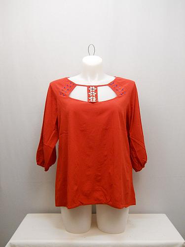 Womens Top PLUS SIZE 1X 2X 3X WAPI Solid Red Embellished Beaded Neck ¾ Sleeves