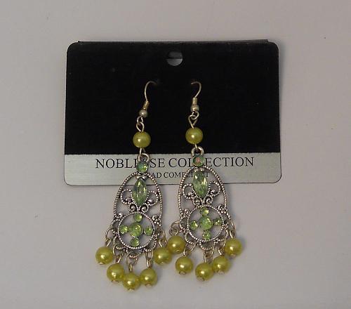 Women Earrings Green Rhinestones Drop Dangle Silver Tones Hook Fasteners NOBLESS