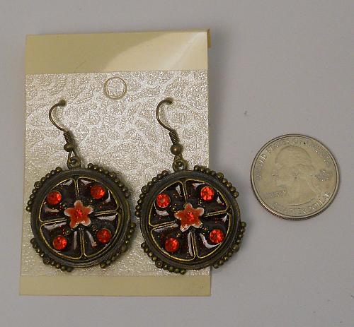 Women Fashion Earrings Red Rhinestones Drop Dangle Brassy Gold Tones Hook Fasten