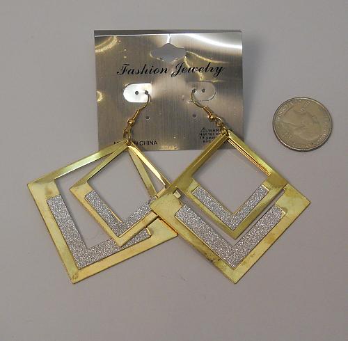 Women Square Glitter Earrings Drop Dangle Gold Tones Hook Fasteners FASHION JEWE