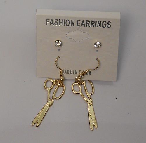 Women Scissor Earrings Drop Dangle Rhinestones Gold Tones Hook Fasteners FASHION