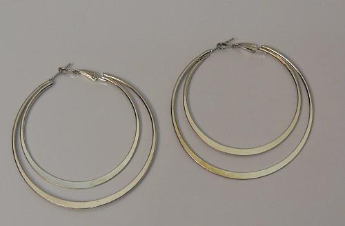 Women Double Ring Hoop Earrings Fashion Silver Tones Leverback Fasteners FASHION