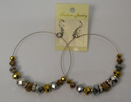 Women Beaded Hoop Earrings Drop Dangle Rhinestones Silver Tones Hook Fasteners