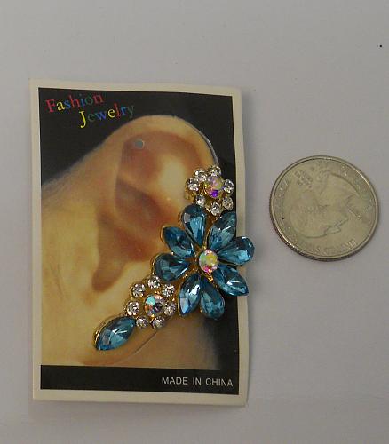 Women Climbers Earrings Blue Rhinestones Gold Tones Push Back FASHION JEWELRY