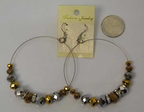 Women Beaded Hoop Earrings Drop Dangle Rhinestones Silver Tones Hook Fasteners