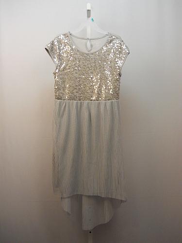 Girls Sequin DRESS Solid Gray Size XL 14/16 Mesh Skirt HI Lo Hem Scoop Neck