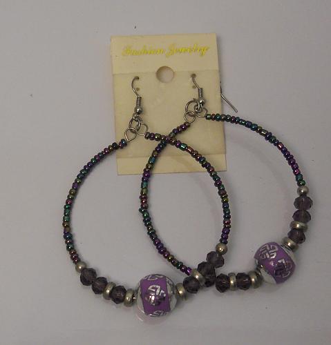Women Purple Bead Earrings Drop Dangle Hoop Silver Tones Hook Fasteners FASHION