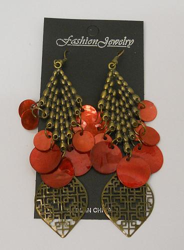 Earrings Women Red Shell Drop Dangle Brassy Gold Tones Hook Fastener FASHION