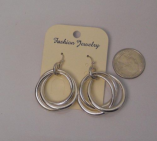 Women 3 Ring Earrings Drop Dangle Silver Tones Hook Fasteners FASHION JEWELRY