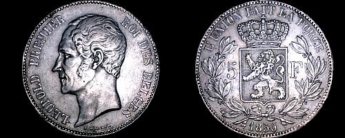 1850 Belgian 5 Franc World Silver Coin - Without Dot - Belgium - Leopold I